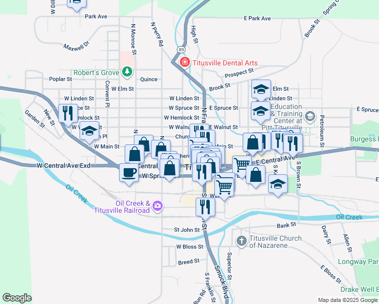 map of restaurants, bars, coffee shops, grocery stores, and more near 117 West Main Street in Titusville