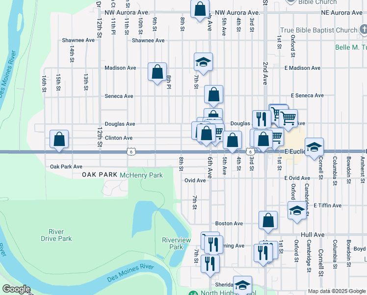 map of restaurants, bars, coffee shops, grocery stores, and more near 721 Euclid Ave in Des Moines