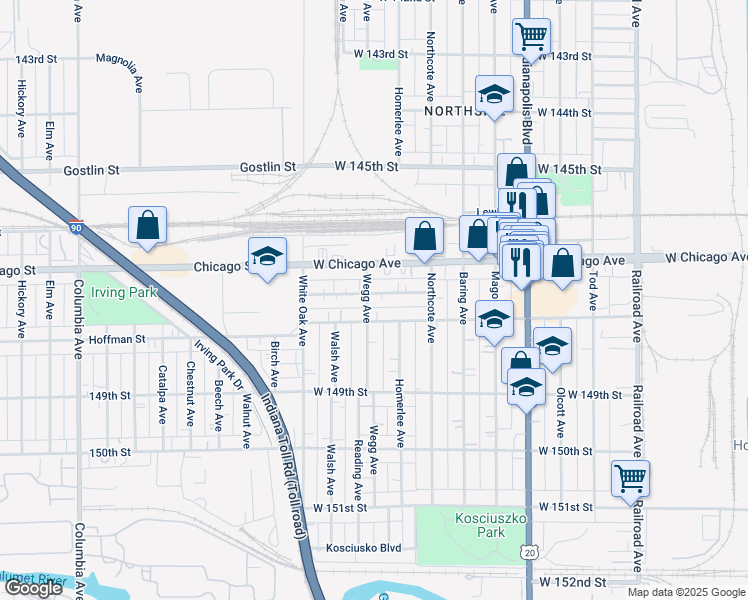 map of restaurants, bars, coffee shops, grocery stores, and more near 1125 Beacon Street in East Chicago