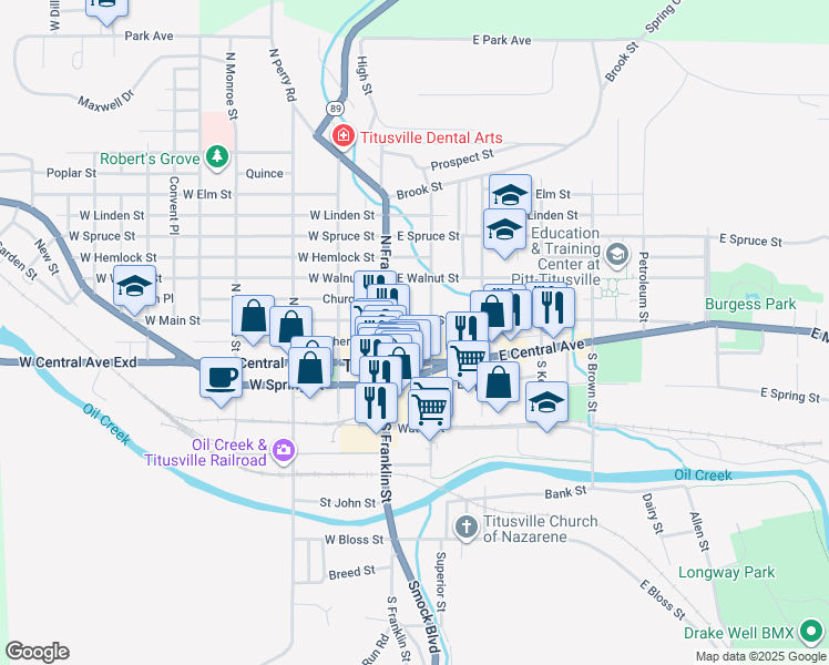 map of restaurants, bars, coffee shops, grocery stores, and more near 201 East Main Street in Titusville
