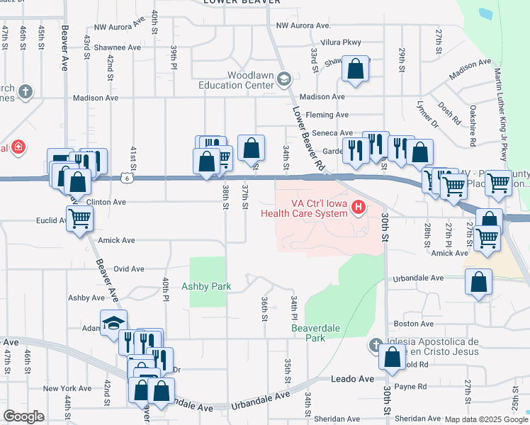 map of restaurants, bars, coffee shops, grocery stores, and more near 3624 36th Street in Des Moines