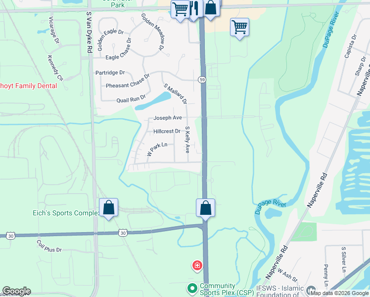 map of restaurants, bars, coffee shops, grocery stores, and more near 14004 South Kelly Avenue in Plainfield