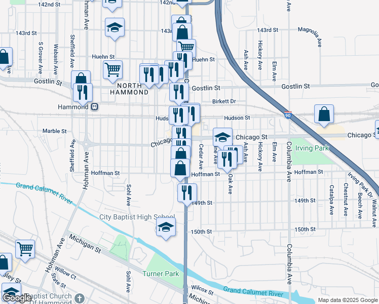 map of restaurants, bars, coffee shops, grocery stores, and more near 4723 Calumet Avenue in Hammond