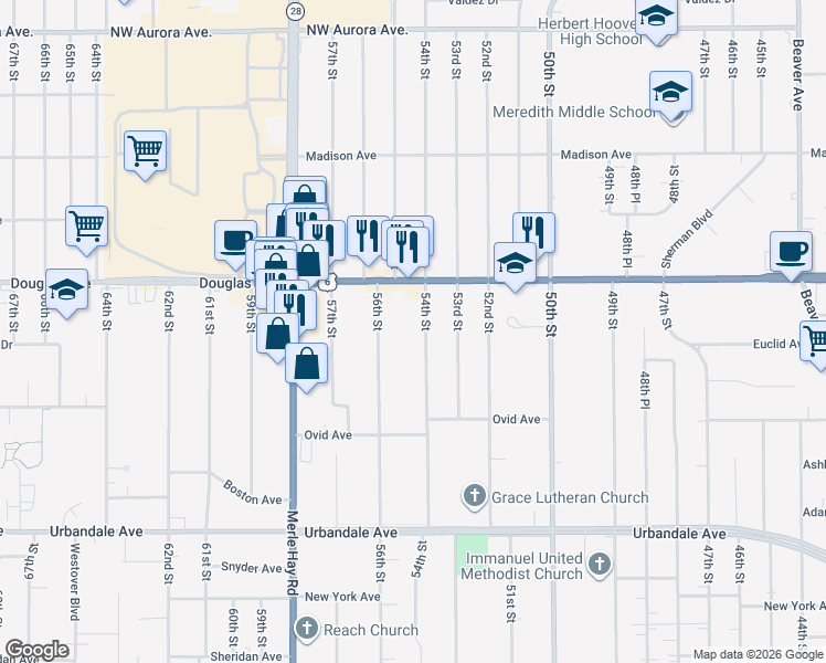 map of restaurants, bars, coffee shops, grocery stores, and more near 3602 54th Street in Des Moines