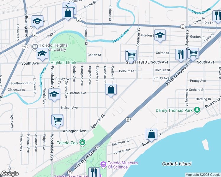 map of restaurants, bars, coffee shops, grocery stores, and more near 636 Carlton Street in Toledo