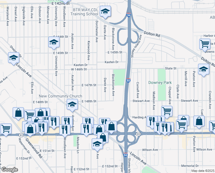 map of restaurants, bars, coffee shops, grocery stores, and more near 14701 Dante Avenue in Dolton