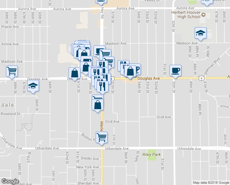 map of restaurants, bars, coffee shops, grocery stores, and more near 3619 57th Street in Des Moines