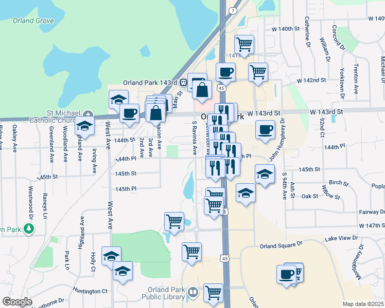 map of restaurants, bars, coffee shops, grocery stores, and more near 9705 Ravinia Ct in Orland Park