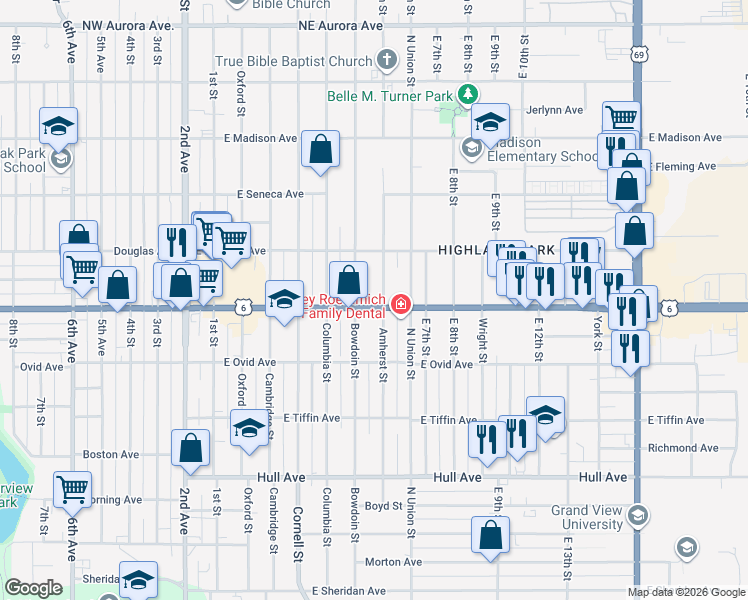 map of restaurants, bars, coffee shops, grocery stores, and more near 514 East Euclid Avenue in Des Moines