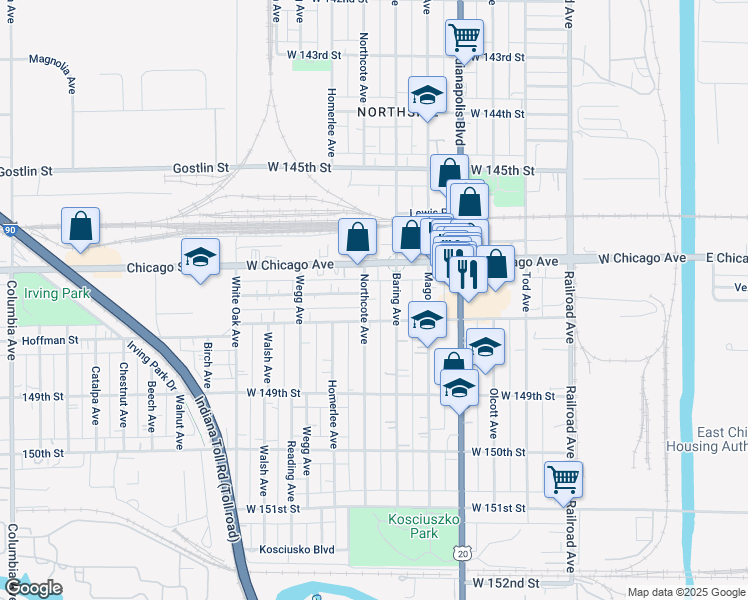 map of restaurants, bars, coffee shops, grocery stores, and more near 4729 Northcote Avenue in East Chicago