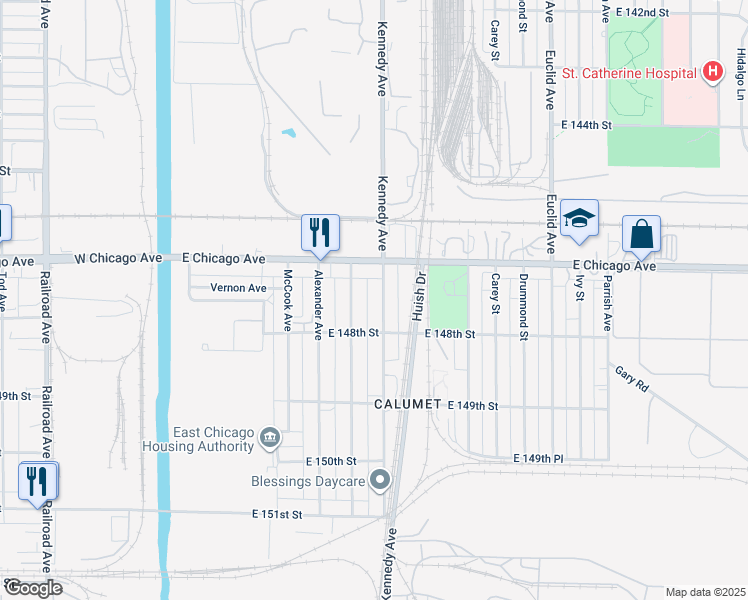map of restaurants, bars, coffee shops, grocery stores, and more near 4734 Kennedy Ave in East Chicago