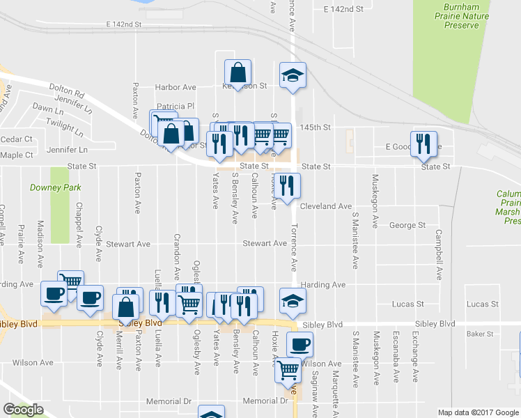 map of restaurants, bars, coffee shops, grocery stores, and more near 325 Calhoun Avenue in Calumet City