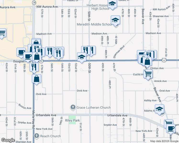 map of restaurants, bars, coffee shops, grocery stores, and more near 3615 50th Street in Des Moines