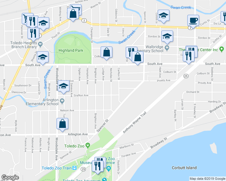 map of restaurants, bars, coffee shops, grocery stores, and more near 635 Nicholas Street in Toledo