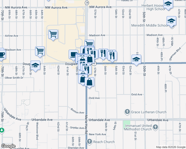 map of restaurants, bars, coffee shops, grocery stores, and more near 3619 57th Street in Des Moines