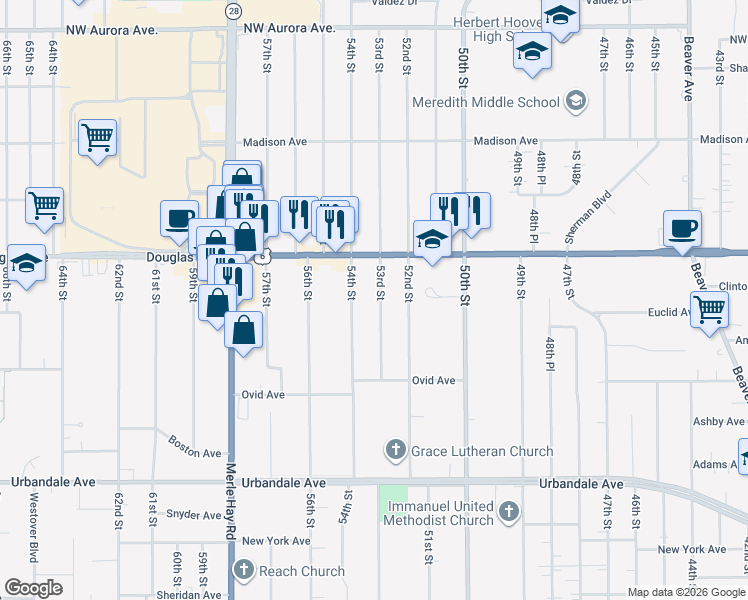 map of restaurants, bars, coffee shops, grocery stores, and more near 3606 53rd Street in Des Moines