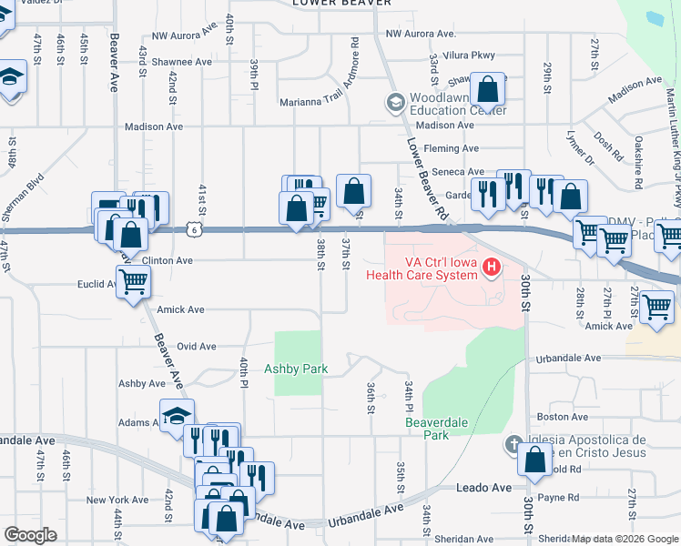 map of restaurants, bars, coffee shops, grocery stores, and more near 3608 37th Street in Des Moines