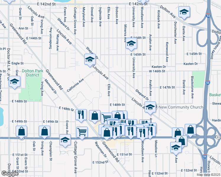 map of restaurants, bars, coffee shops, grocery stores, and more near 14649 Ellis Avenue in Dolton