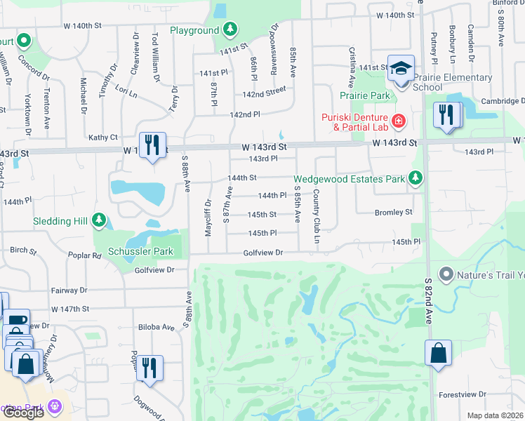 map of restaurants, bars, coffee shops, grocery stores, and more near 8608 145th Street in Orland Park