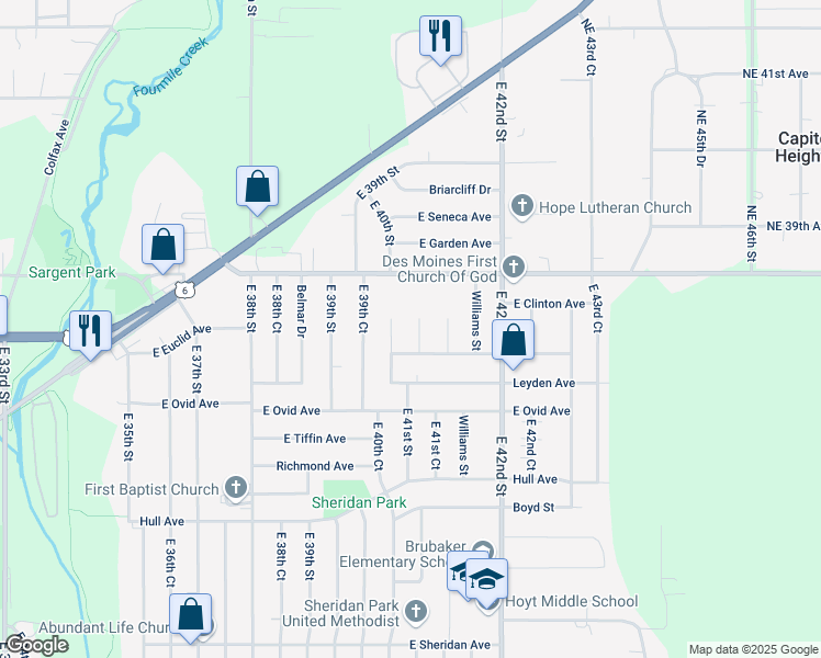 map of restaurants, bars, coffee shops, grocery stores, and more near 3608 East 41st Street in Des Moines