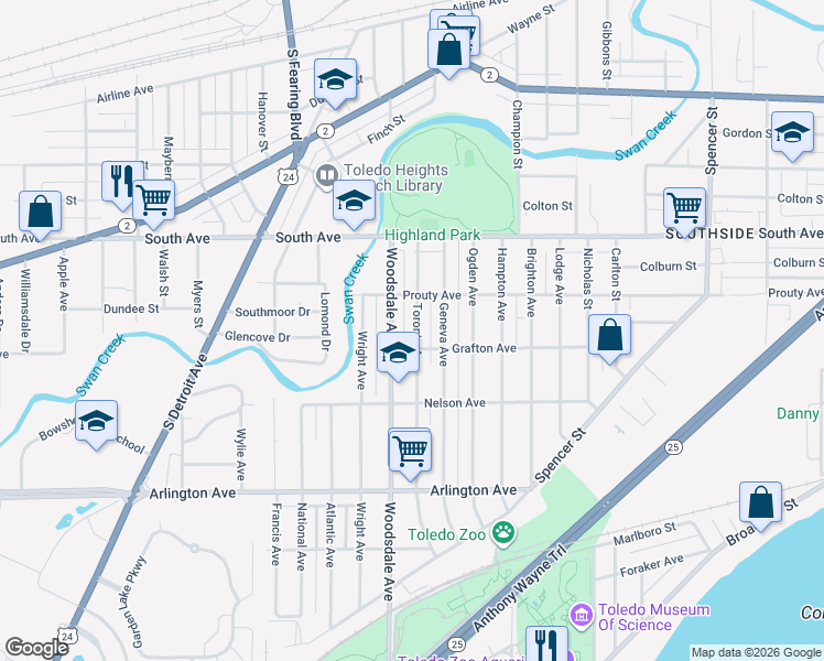 map of restaurants, bars, coffee shops, grocery stores, and more near 636 Toronto Avenue in Toledo