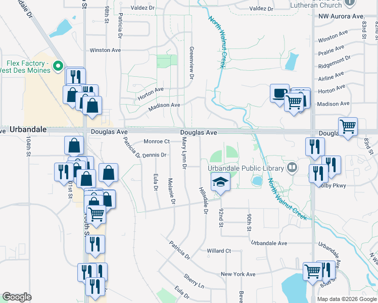map of restaurants, bars, coffee shops, grocery stores, and more near 3605 Mary Lynn Drive in Urbandale