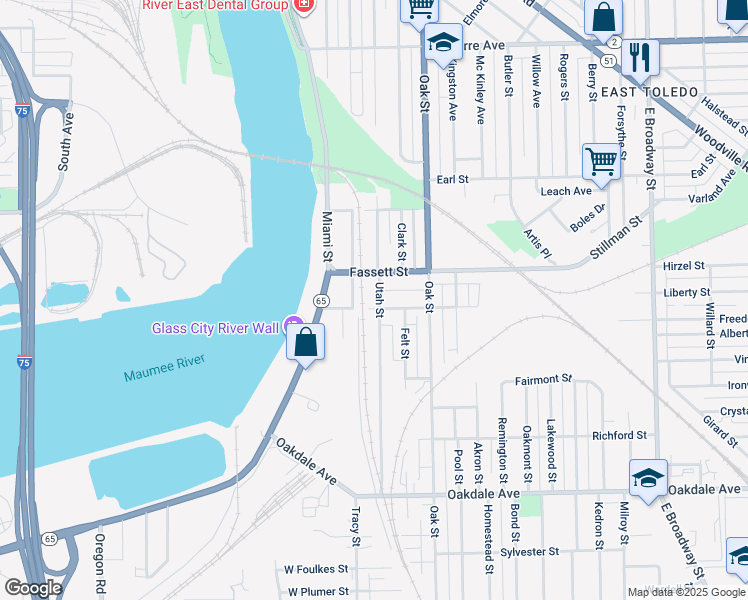 map of restaurants, bars, coffee shops, grocery stores, and more near 1230 Utah Street in Toledo