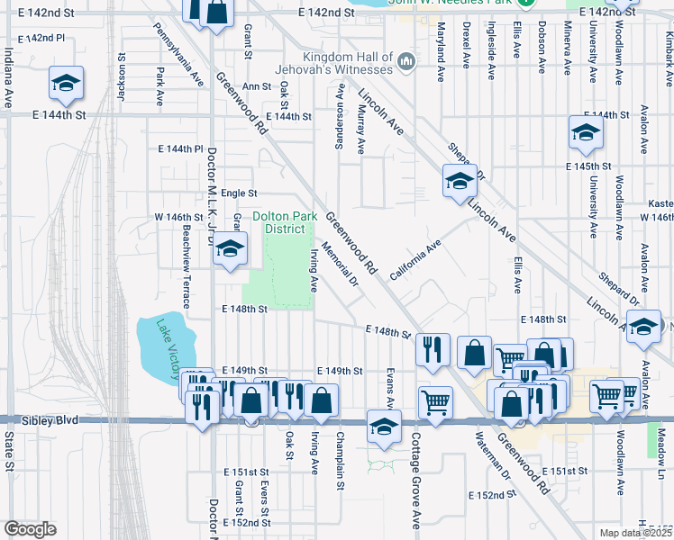 map of restaurants, bars, coffee shops, grocery stores, and more near 14648 Memorial Drive in Dolton