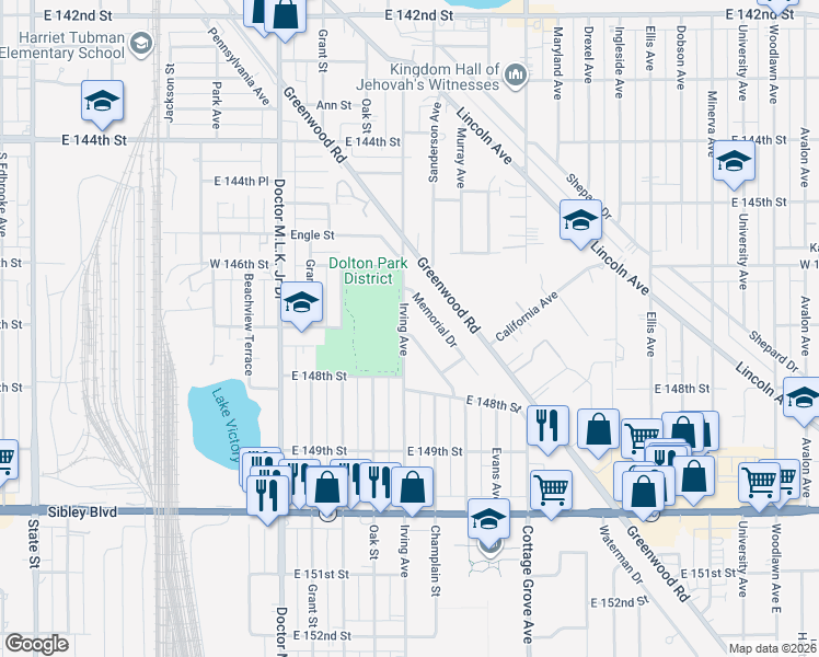 map of restaurants, bars, coffee shops, grocery stores, and more near 14701 Irving Avenue in Dolton