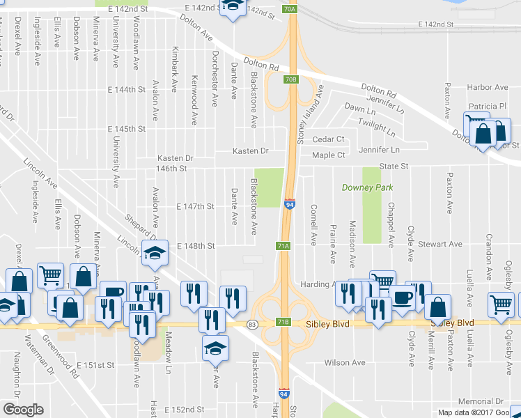 map of restaurants, bars, coffee shops, grocery stores, and more near 14701 Blackstone Avenue in Dolton