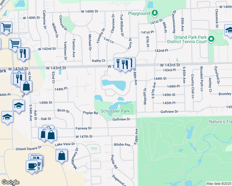 map of restaurants, bars, coffee shops, grocery stores, and more near 8901 Riviera Parkway in Orland Park