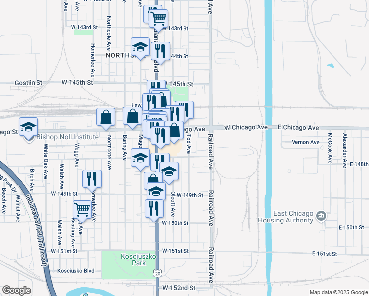 map of restaurants, bars, coffee shops, grocery stores, and more near 4732 Tod Ave in East Chicago