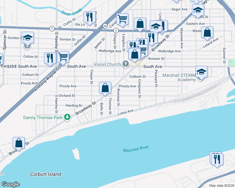 map of restaurants, bars, coffee shops, grocery stores, and more near 802 Orchard Street in Toledo