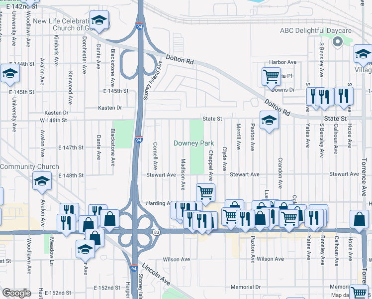 map of restaurants, bars, coffee shops, grocery stores, and more near 323 Madison Avenue in Calumet City