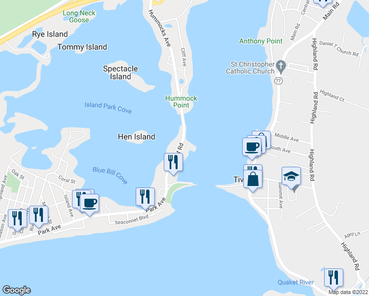 map of restaurants, bars, coffee shops, grocery stores, and more near 105 Point Road in Portsmouth