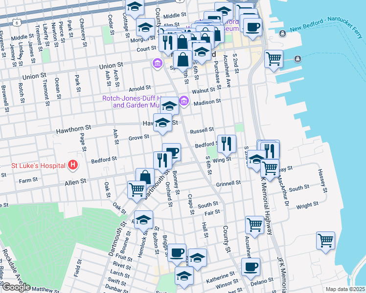 map of restaurants, bars, coffee shops, grocery stores, and more near 83 Bedford Street in New Bedford