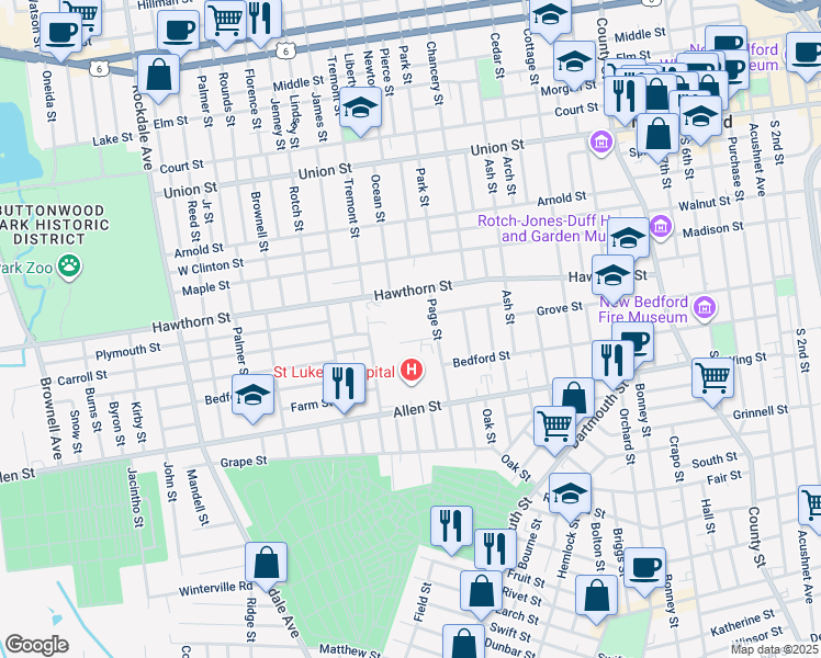 map of restaurants, bars, coffee shops, grocery stores, and more near 19 Taber Street in New Bedford