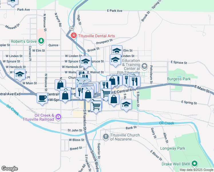map of restaurants, bars, coffee shops, grocery stores, and more near 100-198 North Drake Street in Titusville