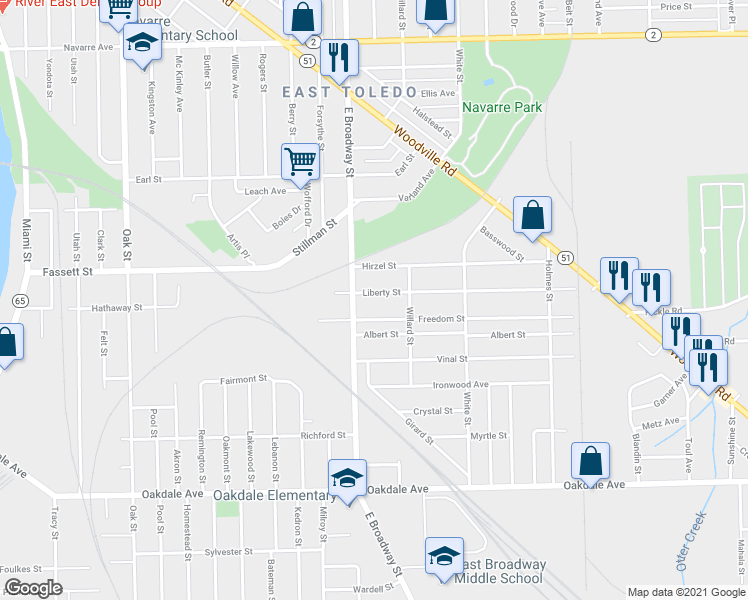 map of restaurants, bars, coffee shops, grocery stores, and more near 1106 Liberty Street in Toledo
