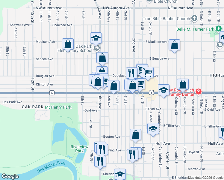 map of restaurants, bars, coffee shops, grocery stores, and more near 401 Euclid Avenue in Des Moines
