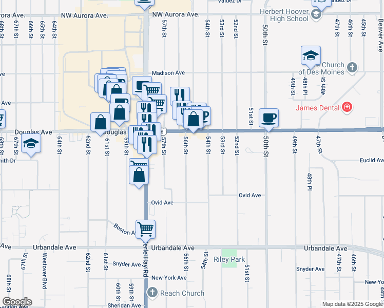 map of restaurants, bars, coffee shops, grocery stores, and more near 3608 56th Street in Des Moines