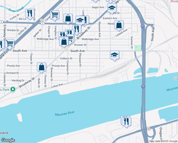 map of restaurants, bars, coffee shops, grocery stores, and more near 532 Orchard Street in Toledo