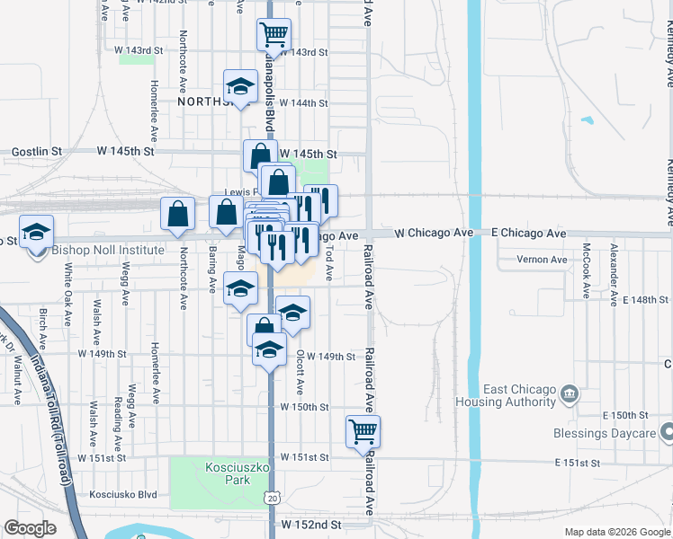 map of restaurants, bars, coffee shops, grocery stores, and more near 4720 Railroad Avenue in East Chicago
