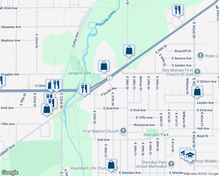map of restaurants, bars, coffee shops, grocery stores, and more near 3618 East Euclid Avenue in Des Moines