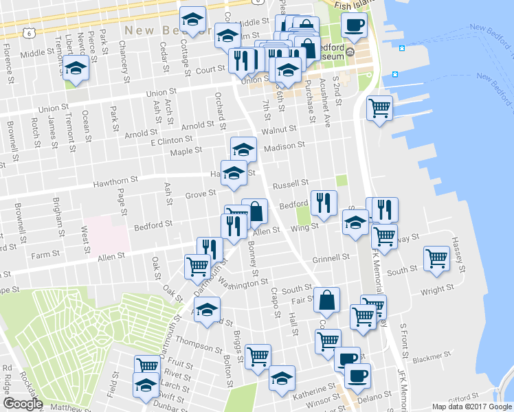 map of restaurants, bars, coffee shops, grocery stores, and more near 83 Bedford Street in New Bedford