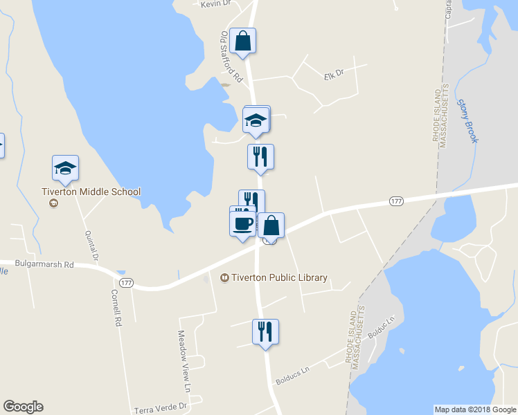 map of restaurants, bars, coffee shops, grocery stores, and more near 44 Crandall Road in Tiverton