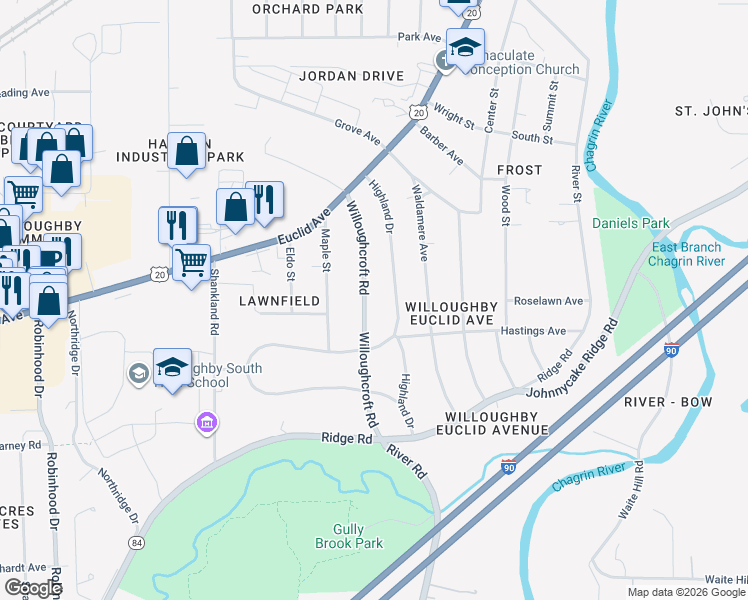 map of restaurants, bars, coffee shops, grocery stores, and more near 4791 Willoughcroft Rd in Willoughby