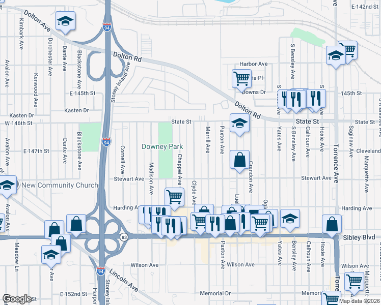 map of restaurants, bars, coffee shops, grocery stores, and more near 326 Clyde Avenue in Calumet City