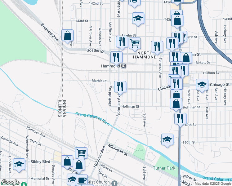map of restaurants, bars, coffee shops, grocery stores, and more near 4712 Hohman Avenue in Hammond