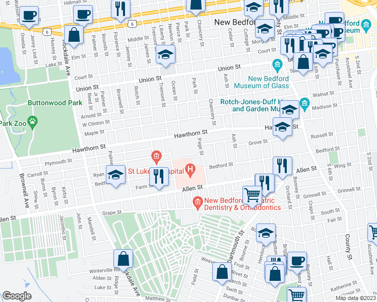 map of restaurants, bars, coffee shops, grocery stores, and more near 19 Taber Street in New Bedford
